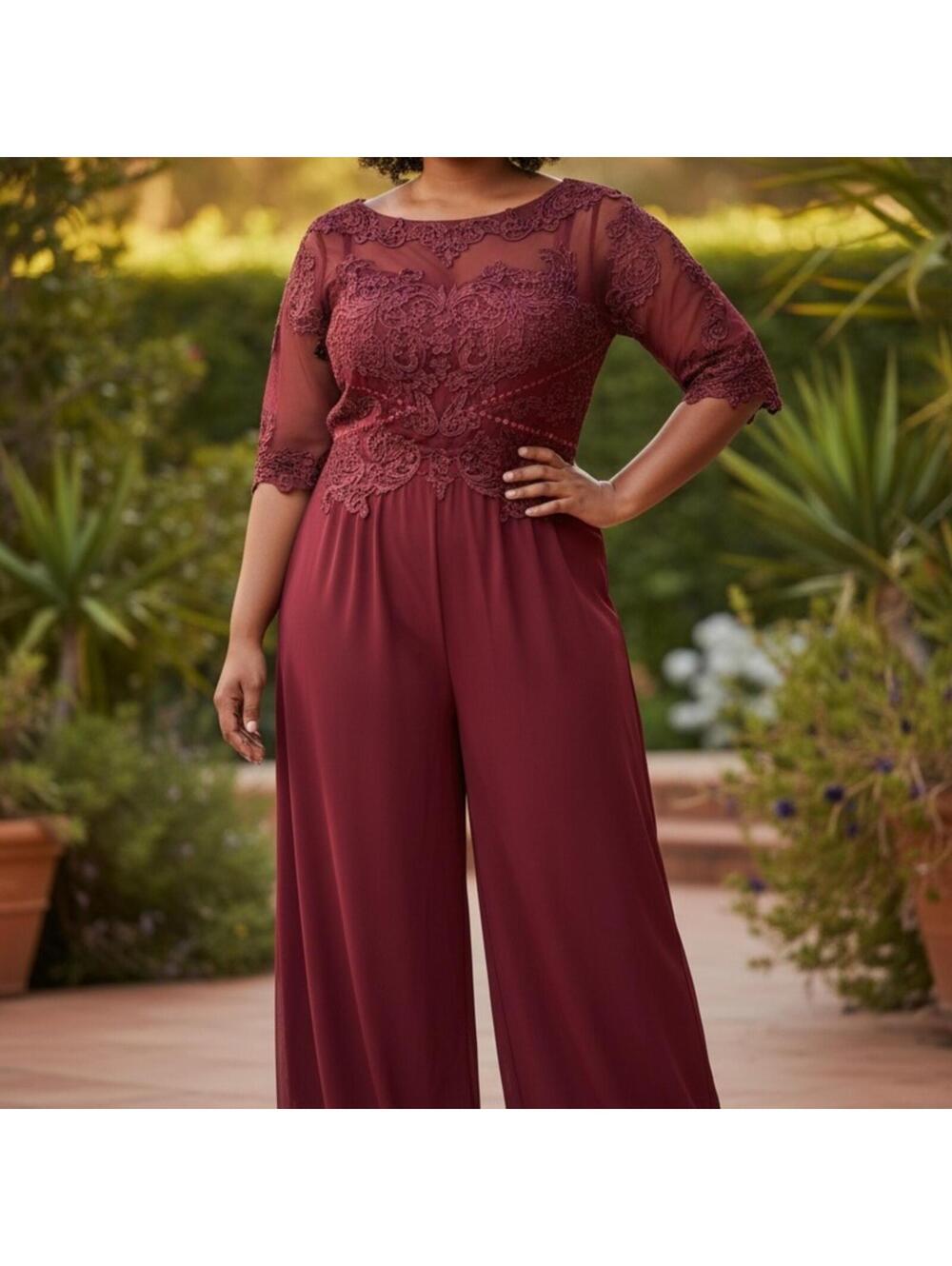 Burgundy Embroidered Lace Wide Leg Formal Jumpsuit NWT - Picture 1 of 6